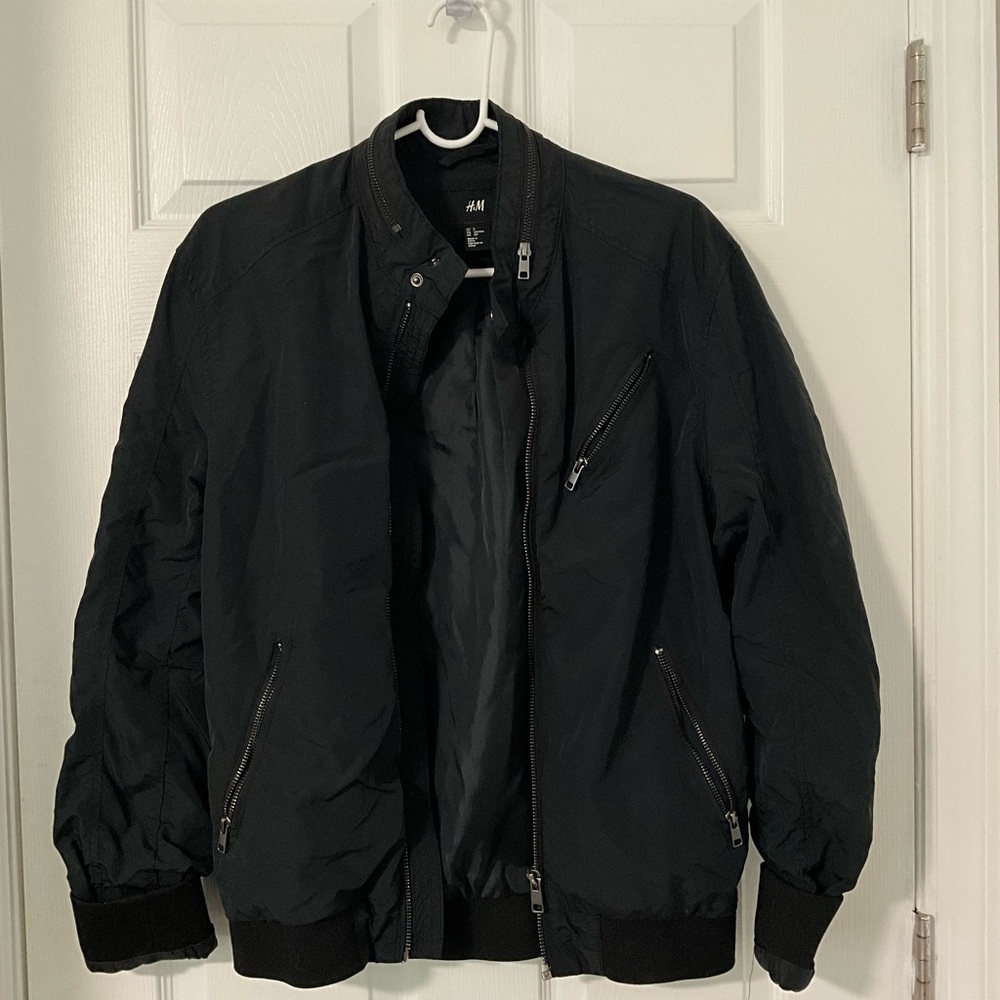 H&M Black and Silver Bomber Jacket with Quilted Texture